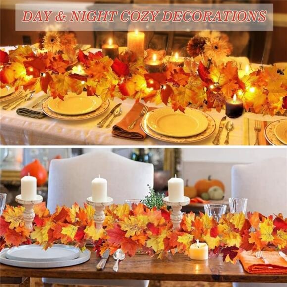 2 Pack Fall Decor Maple Leaves Garland with Lights Battery Operated Fall - Picture 3 of 7